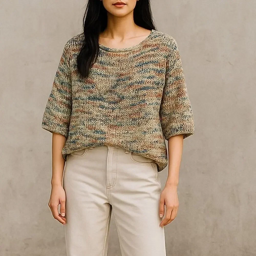 Zara Chunky Knit Relaxed Sweater 3/4 Sleeve Scoop Back S Multicolorfull Cream